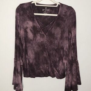 American Eagle Women's S Soft & Sexy Tie Dye Bell Sleeve Top Faux Wrap Purple